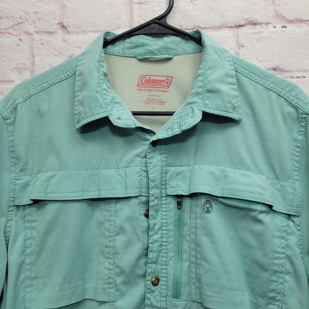 Coleman Button Down‎ Fishing Shirt Mens L Teal Blue Gorp Hiking Outdoor Utility - Picture 4 of 8